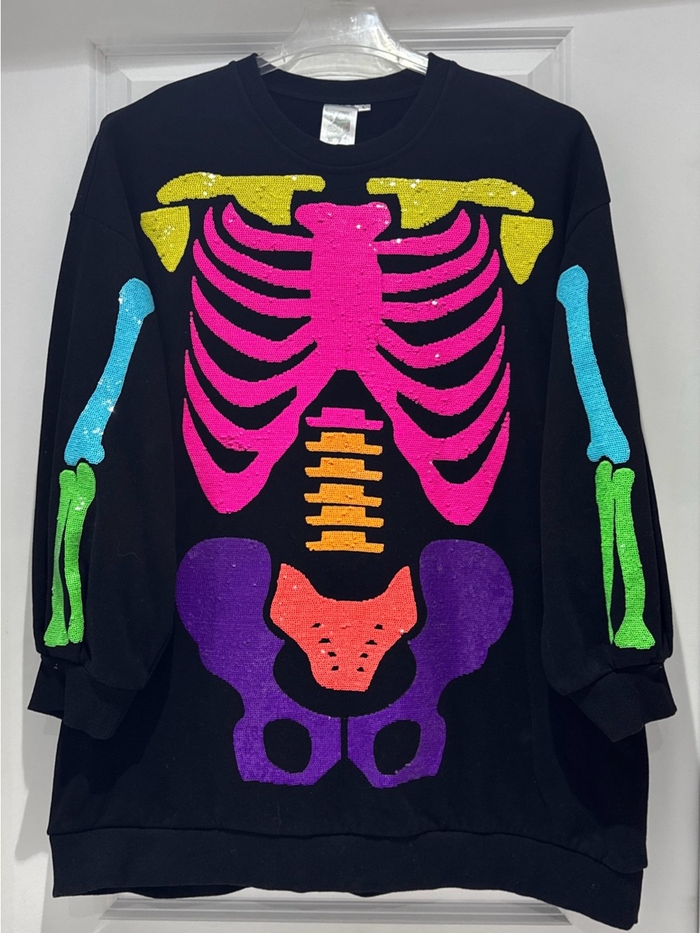 🎃💀Queen Of Sparkles L (Oversized) Neon Skeleton Sweatshirt or Dress EUC